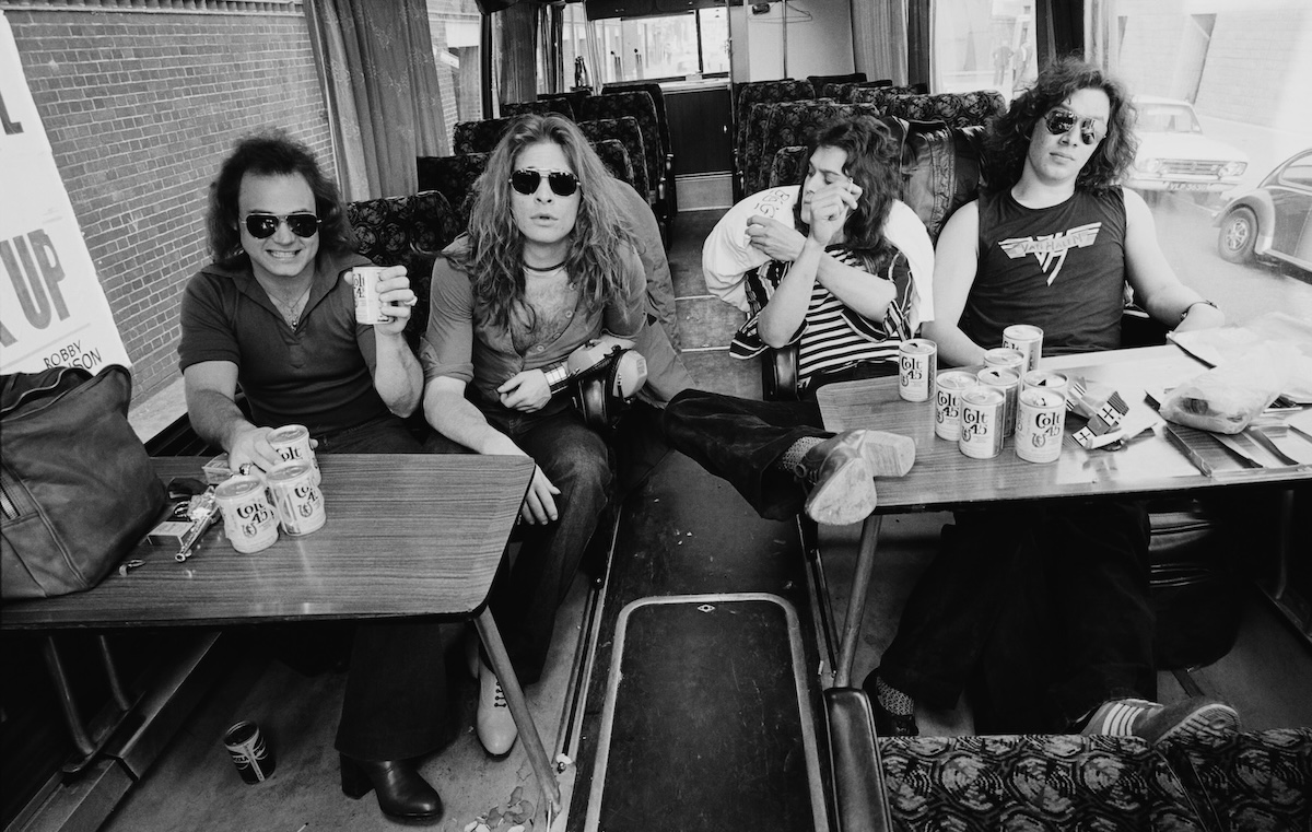 Van Halen in their tour bus outside Lewisham Odeon in London in 1978. (Credit: Fin Costello/Redferns)