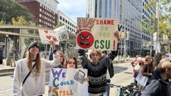 Students protesting the closing of Cleveland State University's historic student-led radio station WCSB. (Credit: Mario Benjamin)