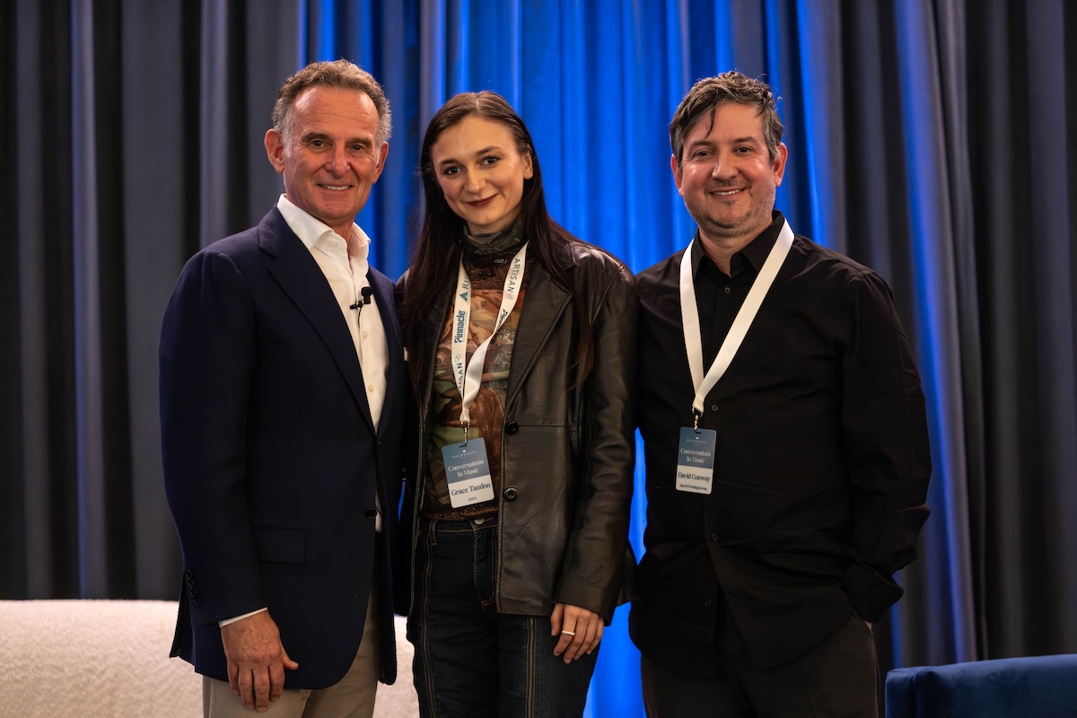 Charles Goldstuck (left), recording artist Daya (center), and David Conway (right), president of Hard 8 Working Group & Daya’s manager, at the GoldState Conversations in Music conference hosted at Pier Sixty-Six in Fort Lauderdale, Florida, (Credit: Hugo Juice Gonzalez)
