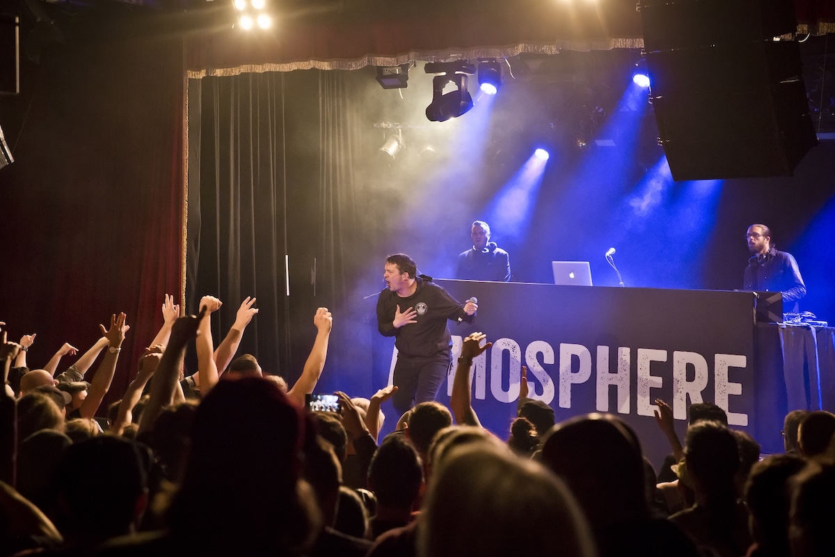 (L-R) Sean "Slug" Daley, Anthony :Ant" Davis, and Plain Ole Bill of Atmosphere perform live on stage during a concert at the Festsaal Kreuzberg on May 2, 2019, in Berlin, Germany. (Credit:  Frank Hoensch/Redferns)