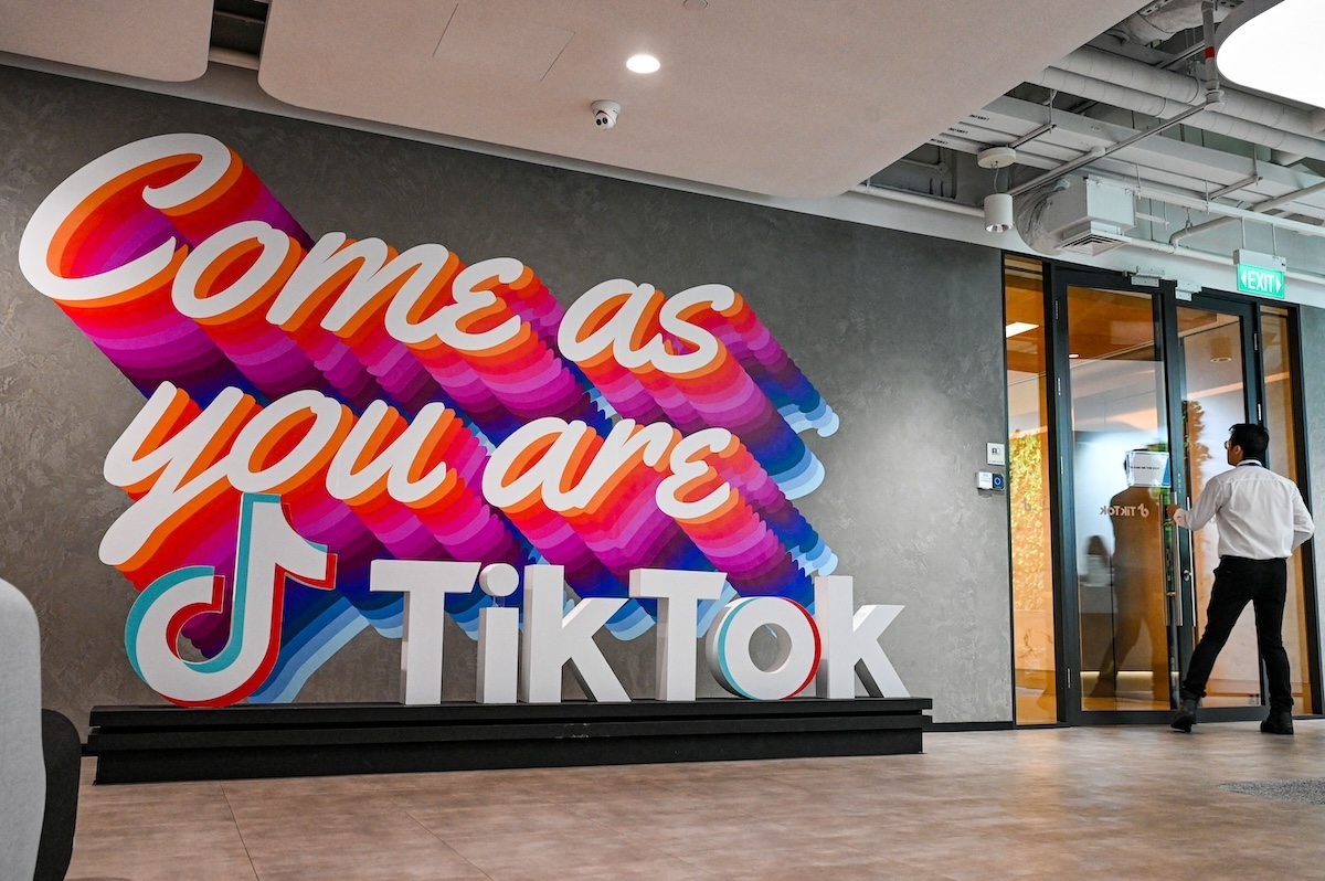 A logo of Tik Tok is seen during a media tour at the company's headquarters in Singapore on September 7, 2023. (Credit: Roslan Rahman/AFP via Getty Images)