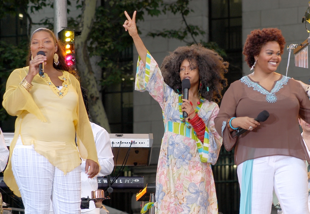 Queen Latifah, Erykah Badu, and Jill Scott perform on The 2005 Good Morning America Concert Series at Bryant Park in New York City. (Credit: David Pomponio/FilmMagic)