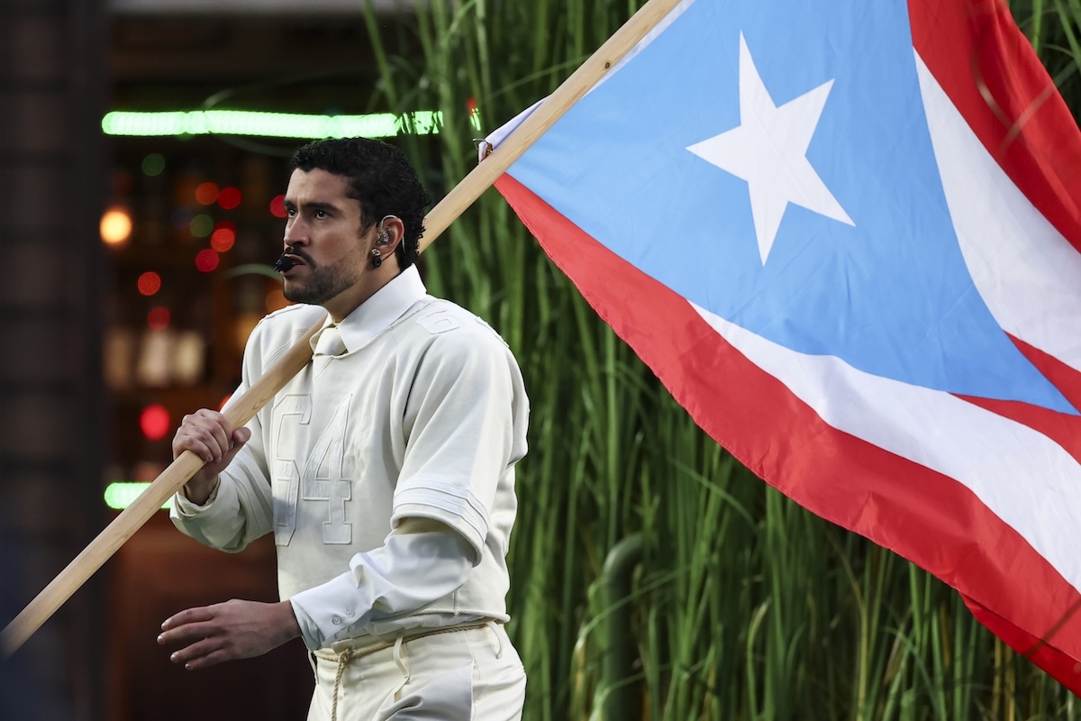 Bad Bunny performs in the Apple Music Halftime Show during the NFL Super Bowl LX game between the Seattle Seahawks and the New England Patriots at Levi's Stadium on February 8, 2026, in Santa Clara, California. (Credit: Kevin Sabitus/Getty Images)