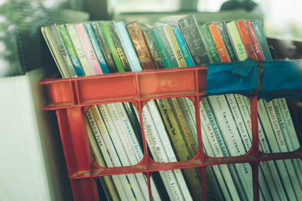 A crate of Numero Group vinyl in sales director Dustin Drase's car. (Photo by Daymon Gardner)