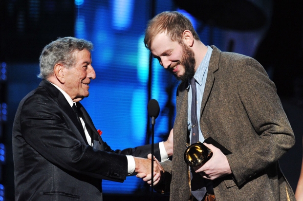 Justin Vernon accepts the Grammy for 'Best New Artist' from Tony Bennett / Photo by Kevin Winter/Getty