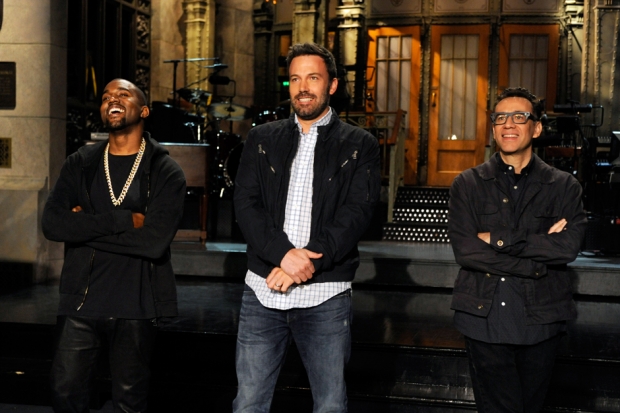 Kanye, Ben Affleck, Fred Armisen on 'Saturday Night Live' set, May 16, 2013 / Photo by Dana Edelson/NBC/Getty