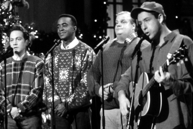 (l-r) Rob Schneider, Tim Meadows, Chris Farley, Adam Sandler on Saturday Night Live, 1993 / Photo by Getty Images