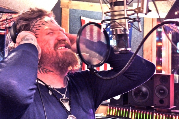 Mastodon's lead guitarist Brent Hinds recording vocals at Rock Falcon Studios, Franklin, Tennessee / Photo by Max Cooper